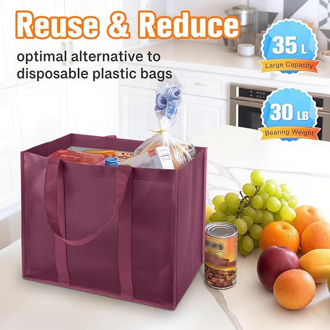 WISELIFE Reusable Grocery Bags, Foldable, Lasting Use, 35L, 4 Pack, Claret | Large Shopping Bags with Reinforced Stitching, Water-Resistant Grocery Totes for Kitchen, Market, Car Trunk, Picnic - Image 4