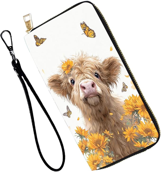 Women's RFID Blocking PU Leather Zip-Around Wallet, Large Capacity Clutch with Phone Holder, Travel Purse & Card Organizer with Removable Wristlet,Highland Cow Butterfly Flower by Unknown