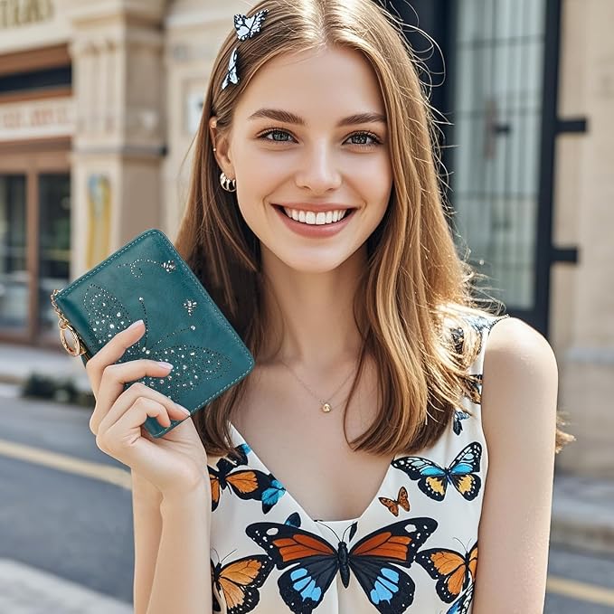KITEVIUN Women RFID Blocking Small Bifold Wallet, Compact Cash Clutch with Zipper Coin Pocket, Glittery Butterfly Design, Credit Card Holder, Travel Purse with Tassel PEACOCK-BLUE - Image 2