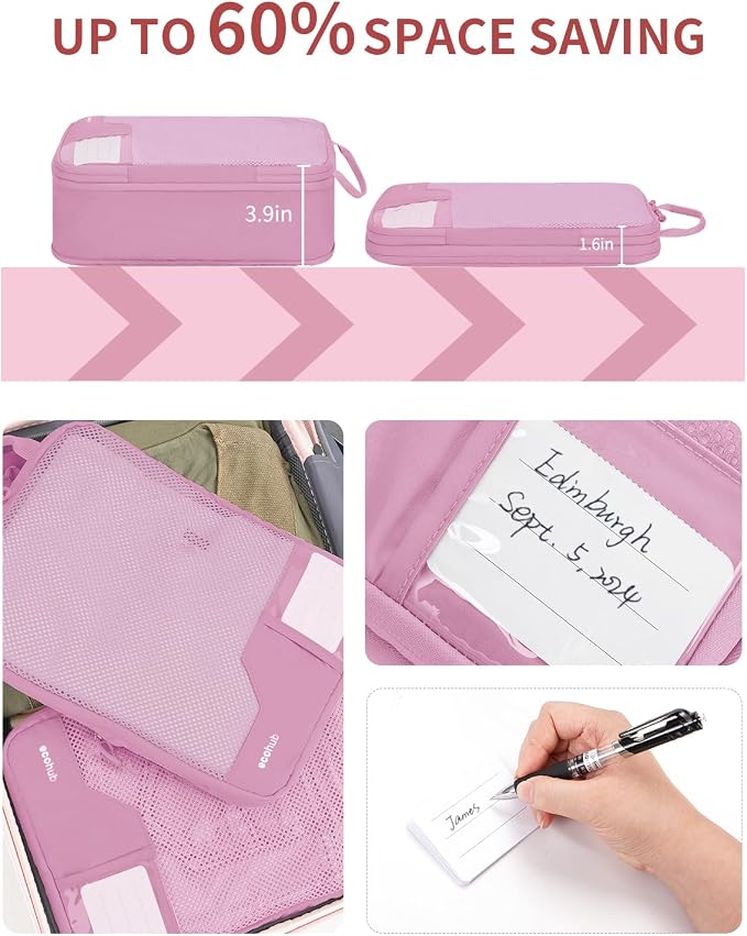 ECOHUB 4 Set Compression Packing Cubes for Travel Essentials, Suitcases Organizer Bags with Tag, Travel Bags Organizer for Luggage, Dusty Rose-Compress - Image 2