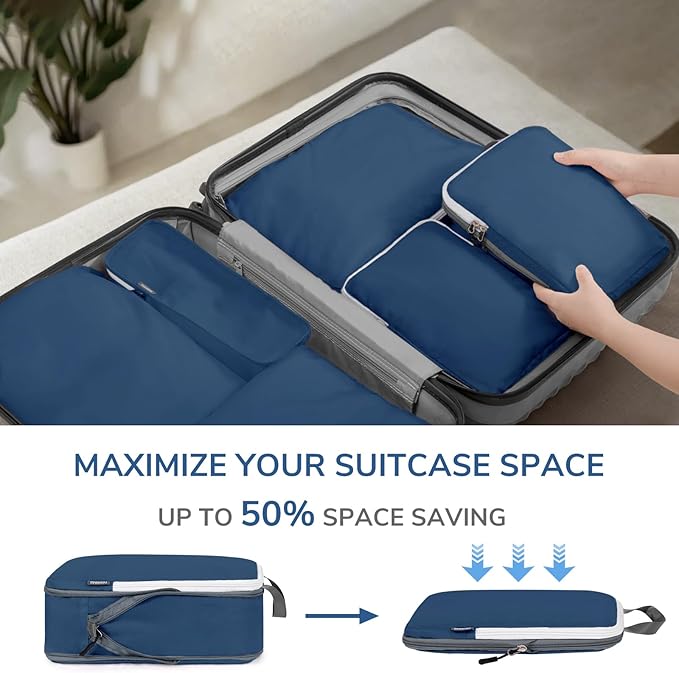 7 Set Compression Travel Packing Cubes for Suitcases, Deep Blue | Travel Essentials for Suitcase, Luggage Organizer Bags for Travel with Shoe Bag, Travel Bags for Shoes, Clothing - Image 6