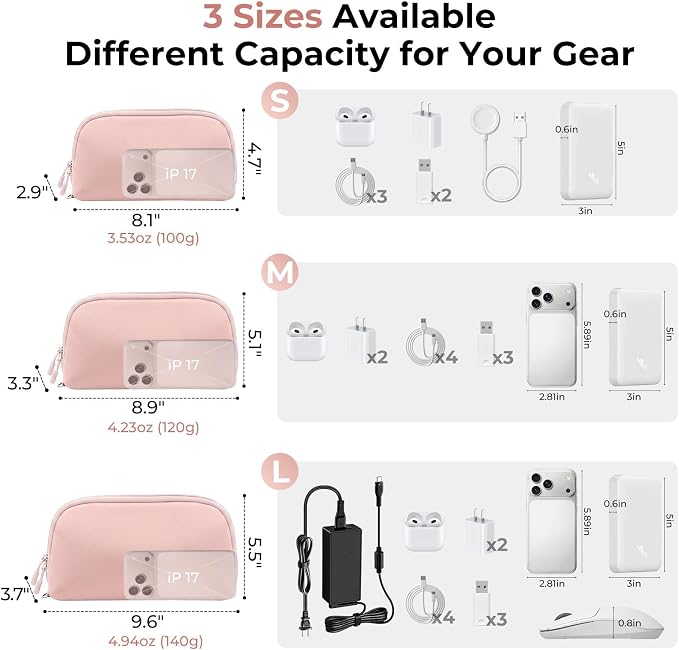 FYY Travel Cable Organizer - 8 Compartments, Lightweight, Water Repellent | With Wrist Strap, Portable Tech Pouch for Cord Charger, Travel and Business Trips Use, Soft Shell Nylon, Pink (Medium) - Image 3