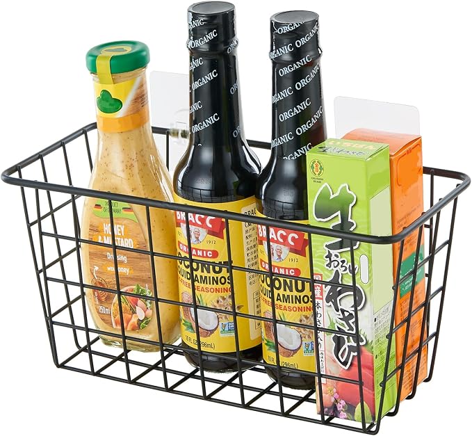 JUNCHU CHERRY 2 Pack Hanging Storage Basket, Bathroom Basket, Household Goods, with Traceless Tape, no Drilling, for Cabinet Storage, Kitchen, Bathroom, Storage Room,Black - Image 8