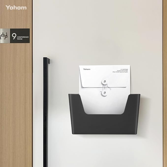 YOHOM Adhesive File Holder Plastic Document Folder Door No Drilling Mount Mail Magazine Organizer A4 Filing Envelopes Folder, Office Wall Mount Single Pocket (BLACK, 3 PCS) - Image 2