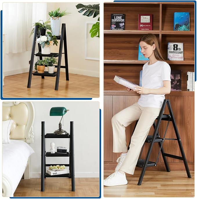 Double Elite Folding 3 Step Ladder, Sturdy 330 Lbs Load Small Step Stool for Adults, Safer Full Steel Multi-use Kitchen Ladder for Home, Closet Step Stool Ladder with Wide Pedals, Black, 3-Step - Image 5