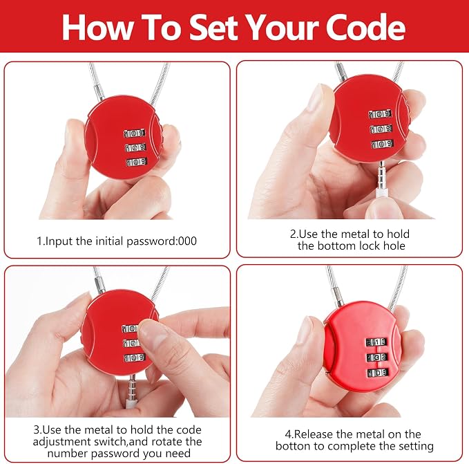 8 Pack 3 Digit Combination Cable Padlock,Red | Resettable for Gym Locker Luggage Backpack, Waterproof Outdoor Security, Small Combo Lock for Travel School Storage - Image 4