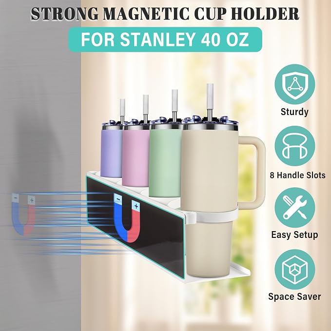 Magnetic Cup Holder for Fridge,8 Cups Water Bottle Organizer for Stanley 30 40 oz with Tumbler Lid Organizer,High Capacity Heavy Duty Kitchen Storage Rack Accessories - Image 3