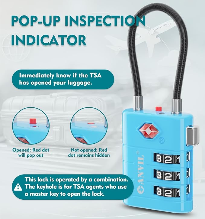 ANVIL TSA Approved Luggage Locks – High Security TSA008 Combination Travel Locks with Inspection Indicator for Suitcases and Backpacks. (2, Bule) - Image 3
