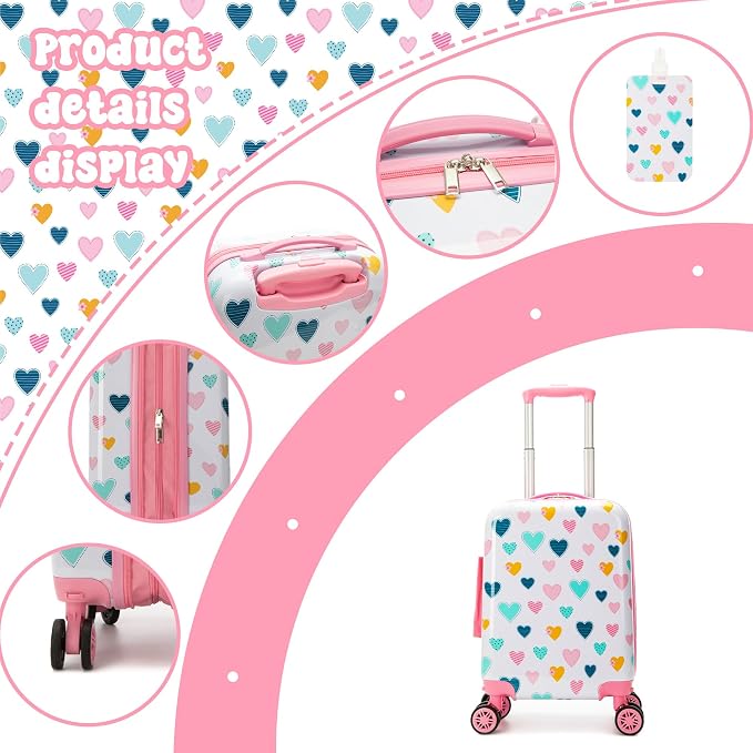 Kid's Luggage Set 5 Piece Suitcase Set 16" Hardside Luggage with Spinner Wheels Girls Carry on Toddler Travel Rolling Suitcase with Neck Pillow Airline Approved - Image 3