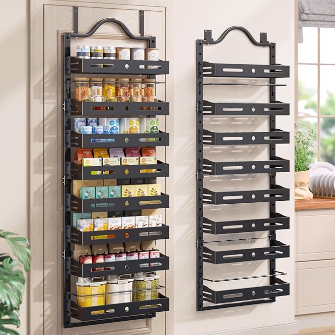 8-Tier Pantry Door Organizer, Large 2 IN 1 Wall Mount or Over The Door Pantry Organizer, Pantry Door Spice Rack with Adjustable Baskets, Over Door Organizer for Kitchen,（72.6×17.1×5.1in,Black) by FREEXPLOYER