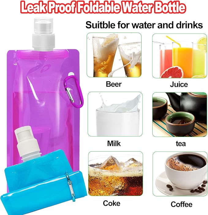 smilixin 10 Pack Collapsible Water Bottles,Collapsible Bag Water Bottles | Drinking Water Bags with Carabiner Clip,480ml Travel Water Bottle,Leak Proof,Reusable,BPA Free for Camping,Hiking Travel,Gym - Image 6