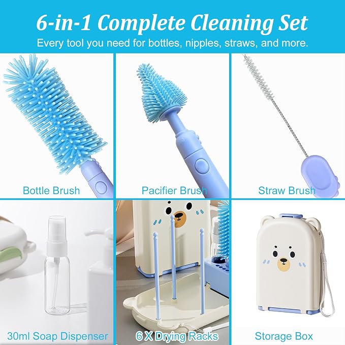 Blue Travel Bottle Cleaner Kit with Drying Rack – 6-in-1 Baby Bottle Washer & Silicone Brush Set for Pump Parts, Nipples & Straws – Portable Baby Travel Essential in Compact Case - Image 5