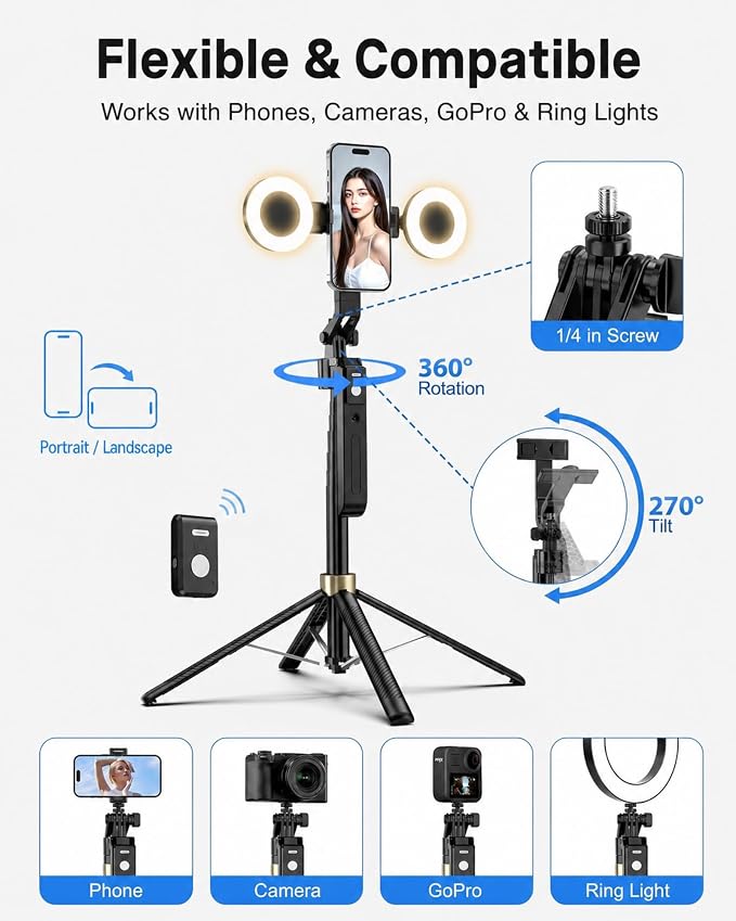 UBeesize 70" Auto Face Tracking Phone Tripod for iPhone & Camera with Light | 360° Auto Follow, Selfie Stick Mode, Dual Mini Ring Lights & Remote for Video Recording, Live Streaming and Content Creation - Image 7