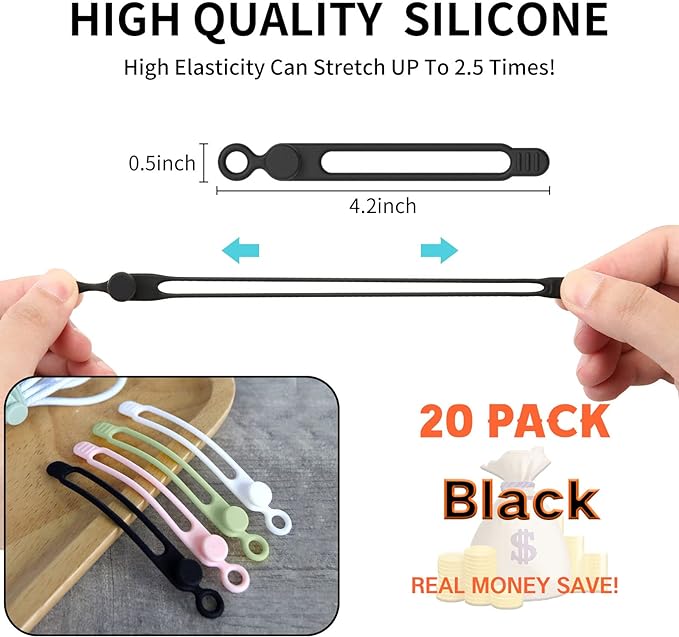 [20Park]UMUST Silicone Cable Ties, Reusable Cable Management Organizer, Cord Tie,Multipurpose Elastic Cord Organizer for Bundling and Fastening Cable Cords Wires(black) | Reusable Cord Ties, Cable Strap Tie for Bundling Electronics Wire,Home Office Tra... - Image 2