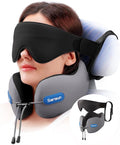 SARISUN Travel Neck Pillow for Airplane, Combo 3D Eye Mask and Seat Strap | 360°Airplane Sleep Support,Premium Memory Foam,Adjustable Buckle,Travel Essential for Long-Haul Flights,Car Road Trip Grey by SARISUN