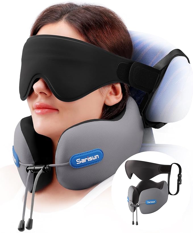 SARISUN Travel Neck Pillow for Airplane, Combo 3D Eye Mask and Seat Strap | 360°Airplane Sleep Support,Premium Memory Foam,Adjustable Buckle,Travel Essential for Long-Haul Flights,Car Road Trip Grey by SARISUN