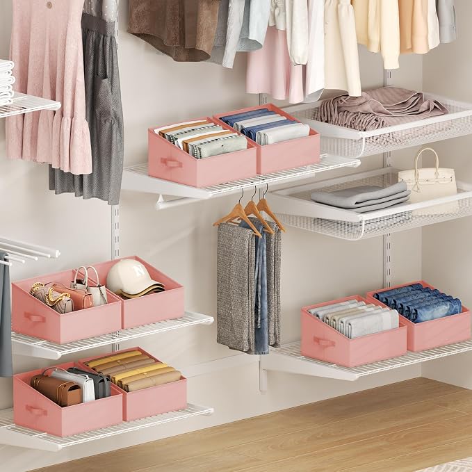 DIMJ Closet Storage Bins - Fabric Storage Baskets for Shelves, Collapsible Clothes Organizer with Handles for Purse, Toys, Books, Towel, Clothes, PInk, 6 Bins 11.4"x11.4"x7.8" - Image 6