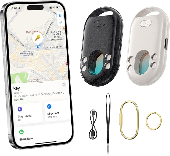 TECKNET [MFi Certified] Air Tracker Tags, Rechargeable Bluetooth Tracker | 3-in-1 Find My Tracker 2 Pack (iOS Only), 100dB Alarm & IR Lens Finder, IP67 Waterproof, Item Locator for Key Luggage Wallet by Tecknet
