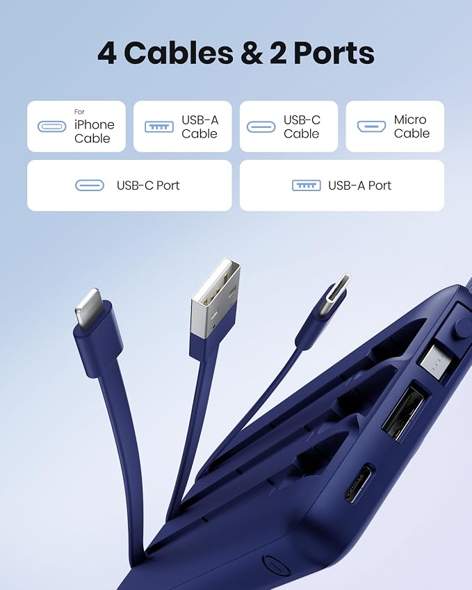 Portable Power Bank, Compact 10000mAh Portable Charger with 4 Cables, USB C Battery Pack 5 Outputs 2 Inputs LED Display Compatible with iPhone/Android & More (Navy Blue) - Image 2