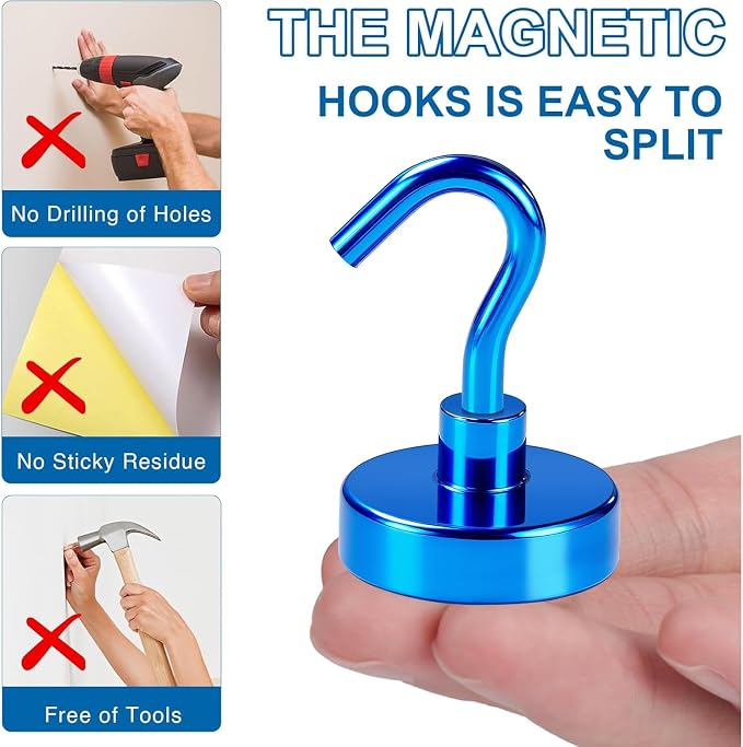 LOVIMAG Magnetic Hooks for Cruise Cabins, 85LBS, 6 Pack | Heavy Duty Neodymium Magnet with Hook Essentials for Classroom, Fridge, Ceiling, Hanger, Blue - Image 6