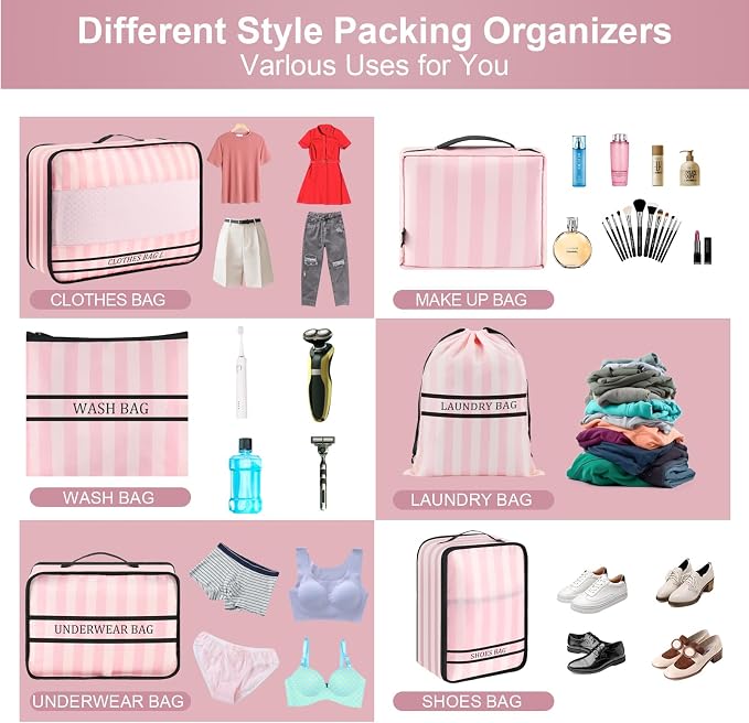 9 Set Packing Cubes Luggage Packing Organizers for Travel Accessories Space Saving Travel Bags for Carry On, Lightweight Mesh Zipper, Clothes, Shoes and Laundry Bag, Suitcases (Pink Streak) - Image 4