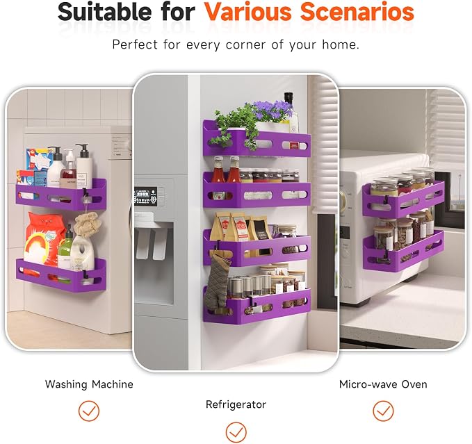 4-Pack Magnetic Spice Rack for Refrigerator with Hooks, Purple | Strong multipurpose magnetic shelf for kitchen & bathroom organization. Includes 4 removable hooks for hanging items. - Image 6