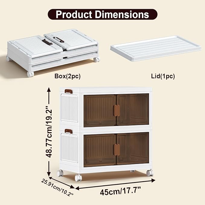 48QT Stackable Storage Bins With Lids, Collapsible Plastic Storage Bins with Wheels and Doors, Foldable Plastic Cabinets for Bedroom Dorm Garage Office Kitchen, 2 Pack - Image 3