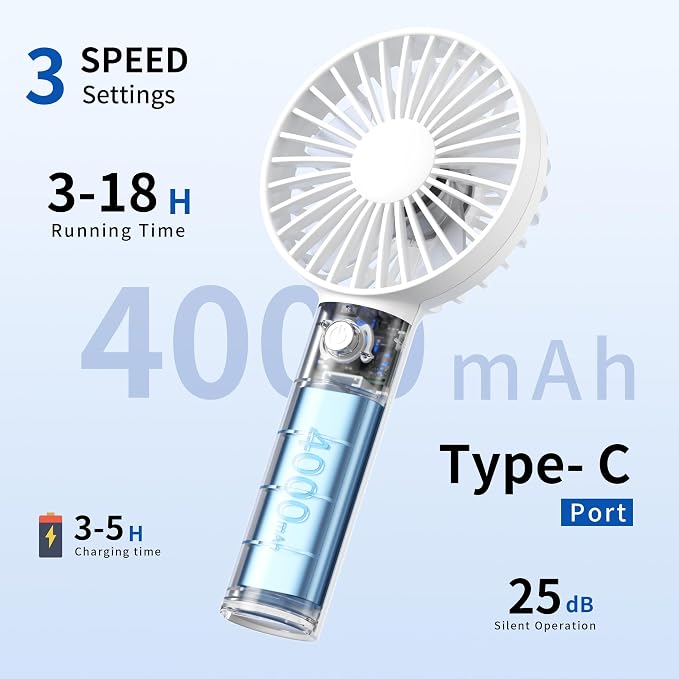 Jancane Handheld Fan, USB Rechargeable Mini Portable Fan with Base, 10H Battery, Strong Wind, Small & Powerful, Cute Design for Travel, Makeup, Girls Women Summer Gift (White) - Image 3