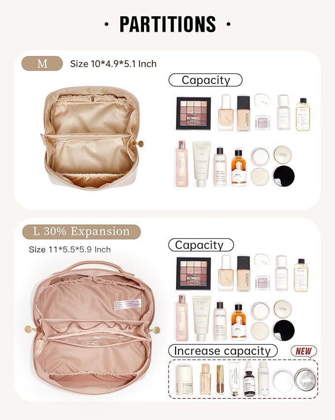 EACHY Travel Makeup Bag for Women, PU Leather Cosmetic Bag, Pink, Large | Water-resistant PU leather exterior with flat-open access, clear TPU brush compartment and organized storage for cosmetics - Image 3