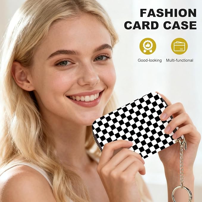 Credit Card Holder for Women,Small Rfid Wallet with Keychain Zipper,Cute PU Leather Card Case Wallet，Accordion Credit Card Wallets Gift,Checkered Pattern - Image 6