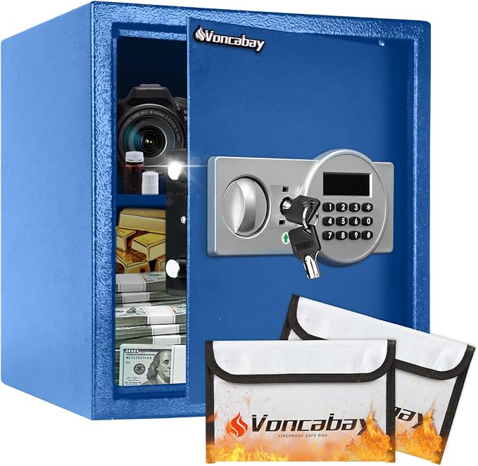 Voncabay Money Safe Box for Home with Digital Keypad, 1.5 Cu. Ft., Blue | Alloy Steel, 2 Fireproof Bags, Digital Keypad with Display, Removable Shelf, Alarm System, 14 x 13 x 13 In. by Voncabay