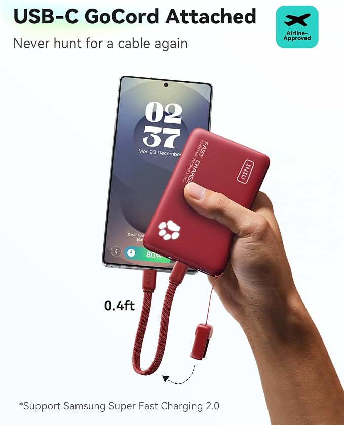 INIU 45W Fast Charging Portable Charger, Smaller 10000mAh Travel Power Bank | Flight-Safe, Detachable USB C Cable, Travel Essential, External Battery Phone Pack for iPhone 17 Samsung S26 iPad etc, Red - Image 4