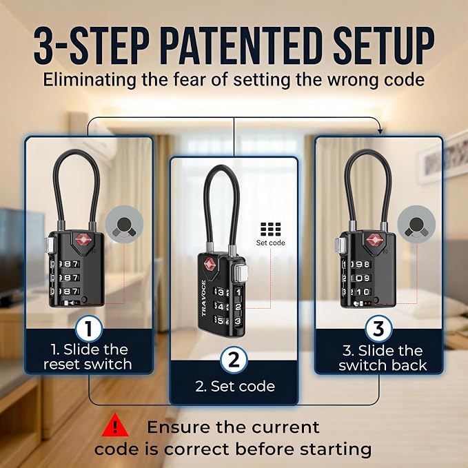 TSA Approved Luggage Locks, Combination Cable Locks,2 Pack, Black | Search Alert shows TSA key access; resettable 3-digit code and flexible braided steel cable for suitcases and backpacks. - Image 5