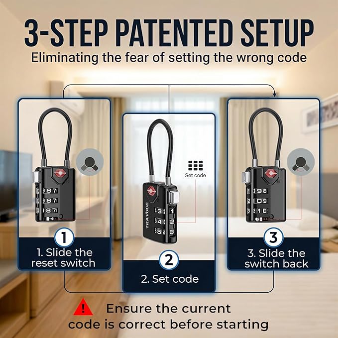 TSA Approved Luggage Locks, Combination Cable Locks, 4 Pack, Black | Search Alert shows TSA key access; resettable 3-digit code and flexible braided steel cable for suitcases and backpacks. - Image 7