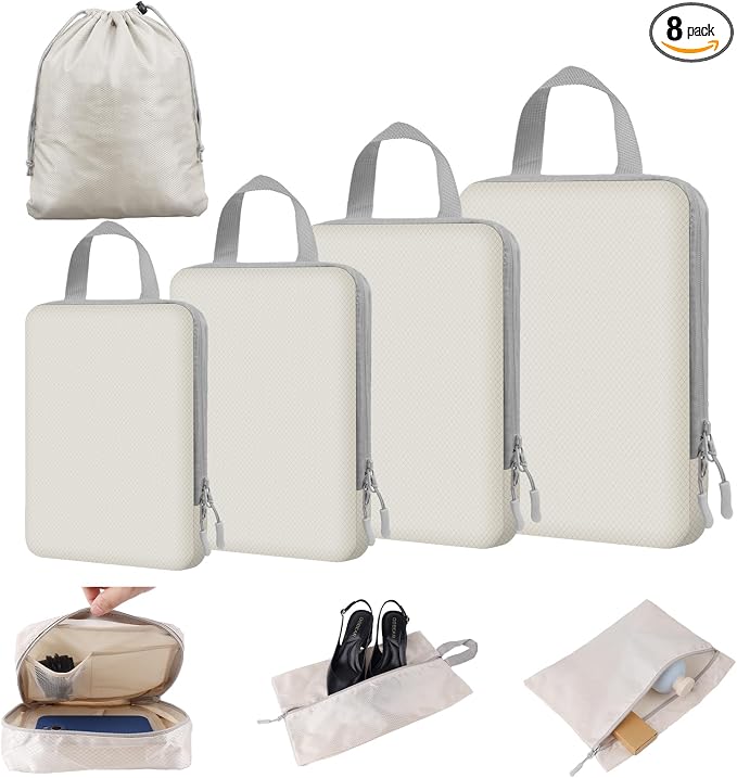4/8 Set Compression Packing Cubes for Travel Essentials, Compressible Expandable Luggage Organizer Bags for Clothes, Durable Space Saver Storage Bags for Suitcase(8set-Beige) by Unknown