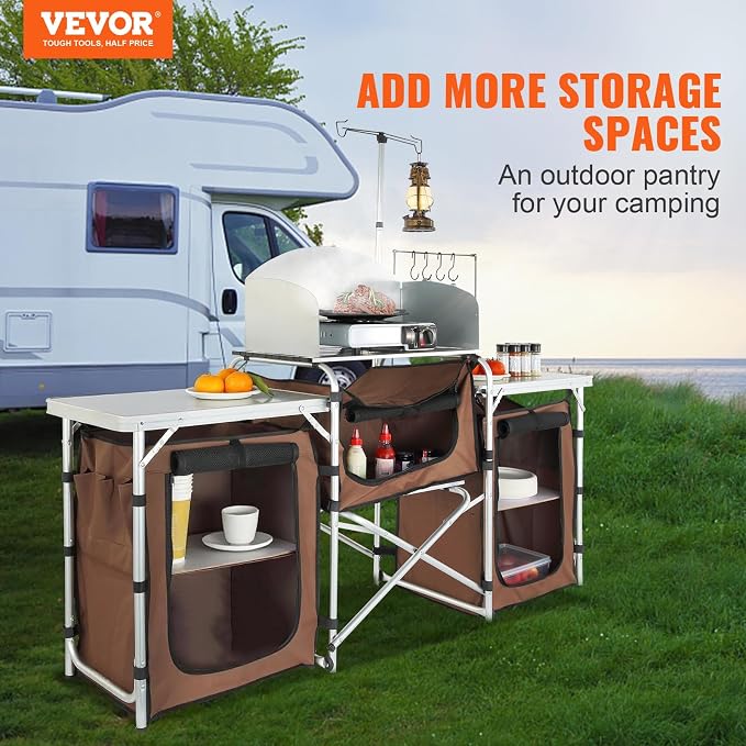 VEVOR Camping Kitchen Table, Folding Outdoor Cooking Table with Storage Carrying Bag, Aluminum Cook Station 3 Cupboard & Detachable Windscreen, Quick Set-up for Picnics, BBQ, RV Traveling, Brown - Image 4