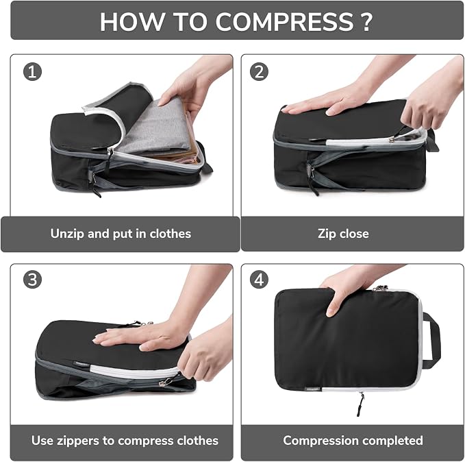 7 Set Compression Travel Packing Cubes for Suitcases, Black | Travel Essentials for Suitcase, Luggage Organizer Bags for Travel with Shoe Bag, Travel Bags for Shoes, Clothing - Image 3