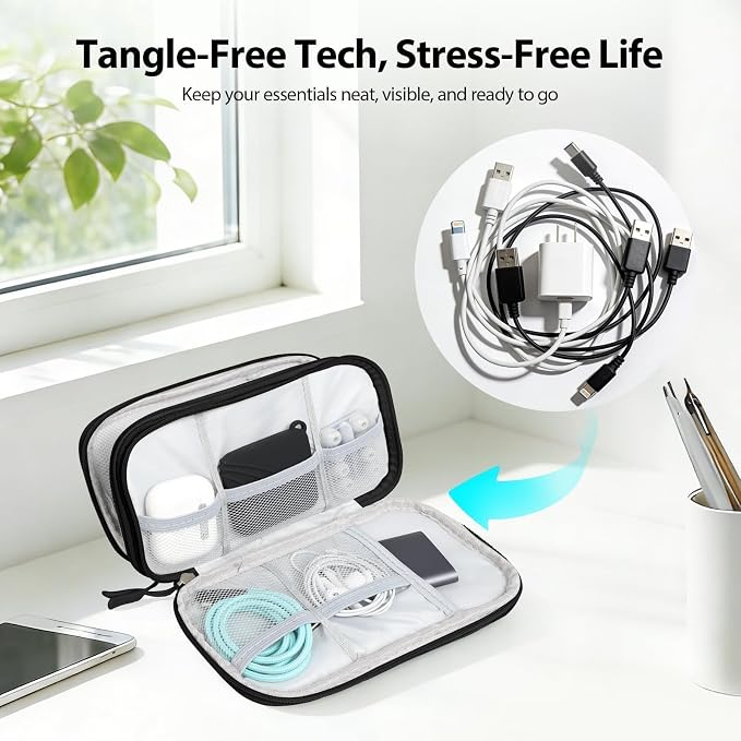 Double Layer Electronics Organizer, Travel Tech Pouch, Black | Water-resistant Oxford fabric with padded lining. 8 compartments organize 3ft+ cords and chargers. Includes 8 cable ties. - Image 5