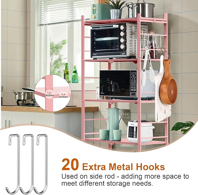 Himix 5-Tier Folding Storage Shelves with 20 Hooks Wheels Home Pink | Folding shelving units, Metal collapsible organization, Wire shelf, No assembly, Kitchen, Room, Holds 440 Ibs No assembly - Image 4