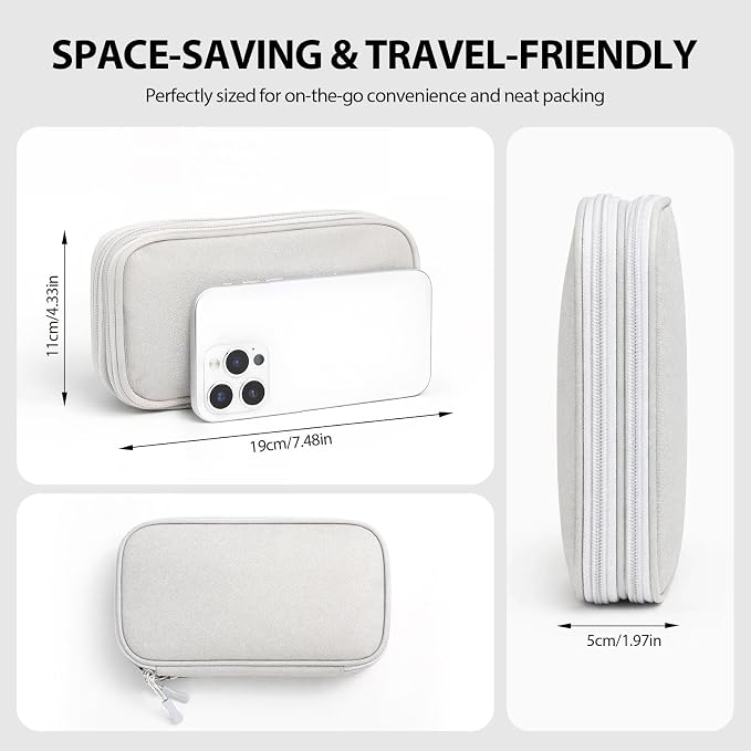 Double Layer Cable Organizer Bag for 3ft+ Cords Light Gray | Water-resistant Oxford pouch with padded lining and 8 compartments. Keeps chargers and power banks compact and organized. - Image 2