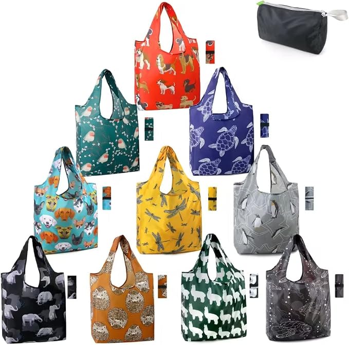BeeGreen Animal Reusable Shopping Bags Grocery Totes 10 Pack with Zipper Carry Pouch Cute Shopper Bags XLarge Machine Washable Durable Gifts for Animal Lovers Women by BeeGreen