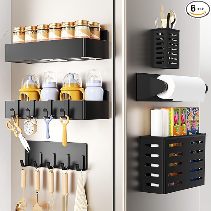Magnetic Spice Rack for Refrigerator,6 Pack Magnetic Shelf,Fridge Magnet Organizer with Paper Towel Holder,Utensils Racks,Hook Rack,Deepened Basket,Fridge Organizers and Storage Black(6 Pack) by Mystozer