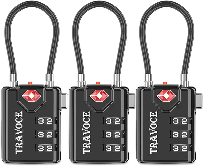 Search Alert TSA Approved Travel Combination Luggage Cable Locks for Suitcase, Gym Locker,Toolbox,Backpack 1,2,4,6 &10 pk (Black 3 Pack) | Search Alert shows TSA key access; resettable 3-digit code and flexible braided steel cable for suitcases and bac... by TRAVOCE
