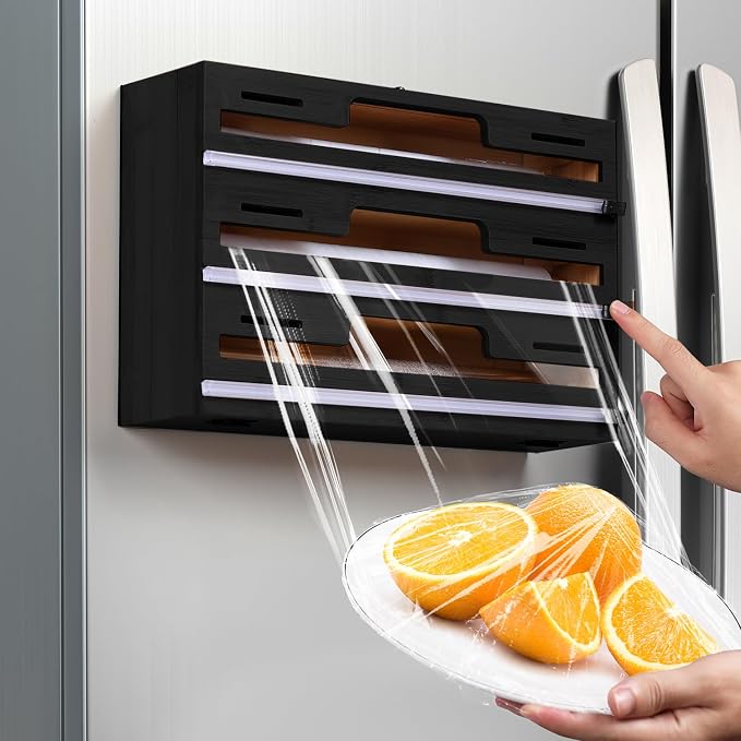Allinside Magnetic Plastic Wrap Dispenser with Cutter, 3 in 1 Refrigerator Bamboo Wood Organizer for Tin Foil, Baking, Wax Paper Holder Kitchen Storage Box Compatible with 12.9" Roll, Black (3 Layer) by Allinside