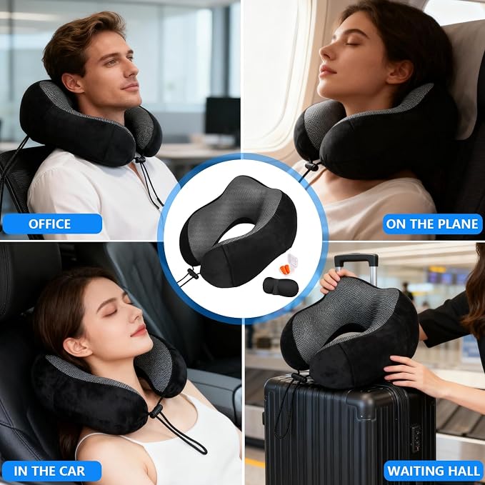 Airplane Pillow, Travel Neck Pillow with Memory Foam - Adjustable Buckle & Machine Washable Cover for Flights, Car, Office - Includes Eye Mask & Ear Plugs(Black) - Image 4