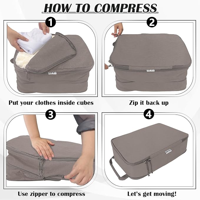 Compression Packing Cubes for Travel Suitcase Organizer Bags, Khaki, L | Expandable Travel Cubes for Packing Luggage Organizer Bags Compression Bags for Travel Essentials - Image 6