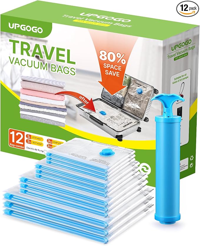 UPGOGO Vacuum Bags for Travel, 12 Pack with Hand Pump, Space Saver Vacuum Storage Bags, Travel Essentials, Clothes, Blankets, Pillows by UPGOGO