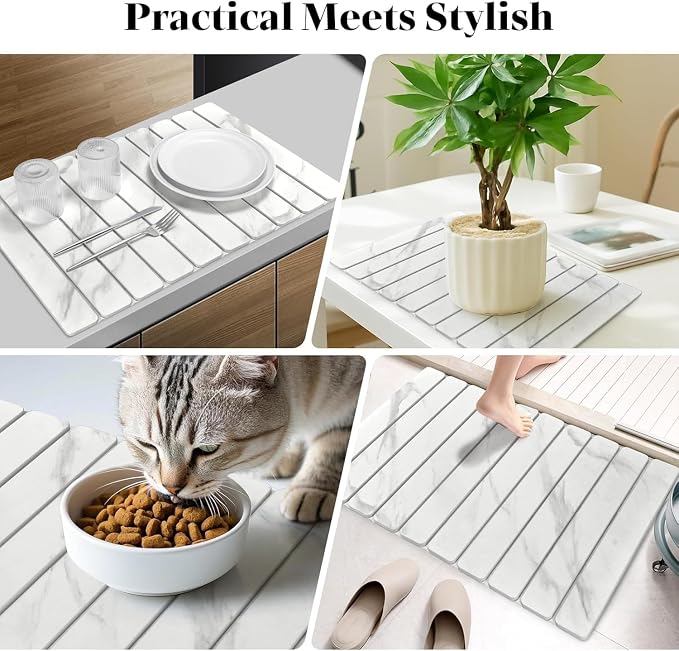 Large Stone Dish Drying Mats for Kitchen Counter, Quick Dry Dish Drying Mats, Foldable Absorbent Diatomaceous Earth Mats for Dishes Cups, Match Any Countertop (24"×16" & 8"x4" White Marble ) - Image 7