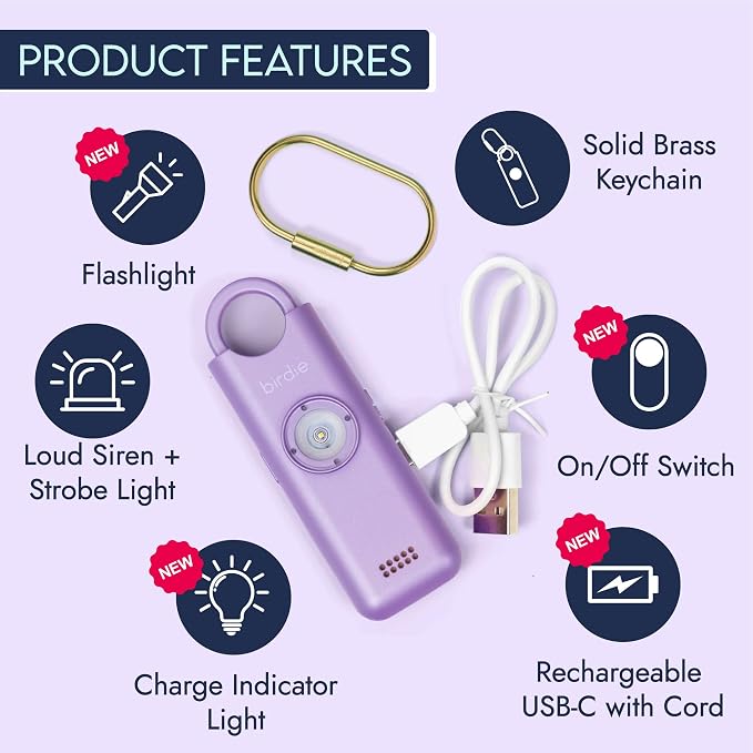She’s Birdie 3.0 New Version – The Original Personal Safety Alarm for Women by Women–Loud Siren, Flash Light and Rechargeable Battery in a Variety of Colors (Metallic Lavender Purple) - Image 3