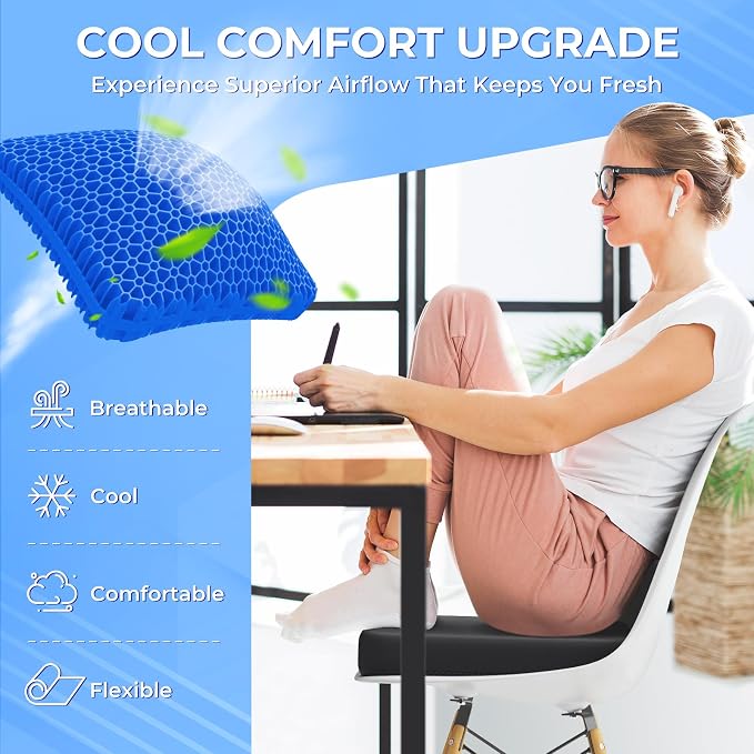 TushGuard Gel Seat Cushion for Long Sitting, Breathable Thick Patent Design | Enlarged Cooling Chair Pad for Office Chair, Wheelchair, Desk Chair, Supportive Car Cushion (2.2"Thinck, Black+Blue) - Image 3